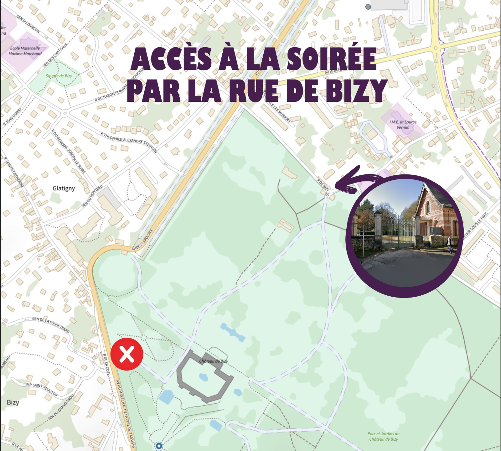 Plan d'accès à la soirée du dimanche 12 au Château de Bizy par la rue de Bizy